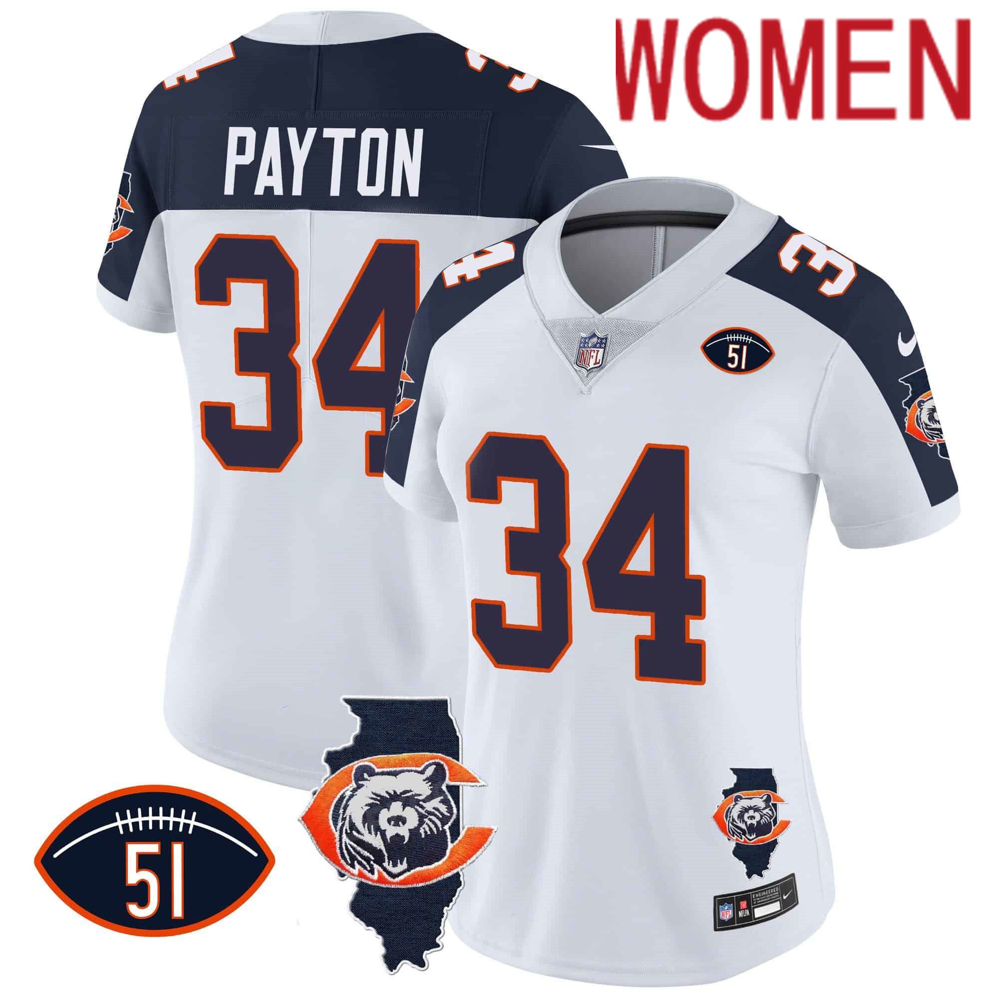 Women Chicago Bears #34 Payton White 2024 Nike Throwback Illinois Patch Vapor NFL Jersey style 2